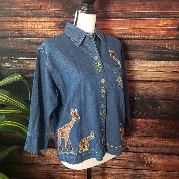 New Direction Denim Jean Top Size M Embroidered Velvet Giraffe Shirt 3/4 Sleeves - Picture 2 of 12